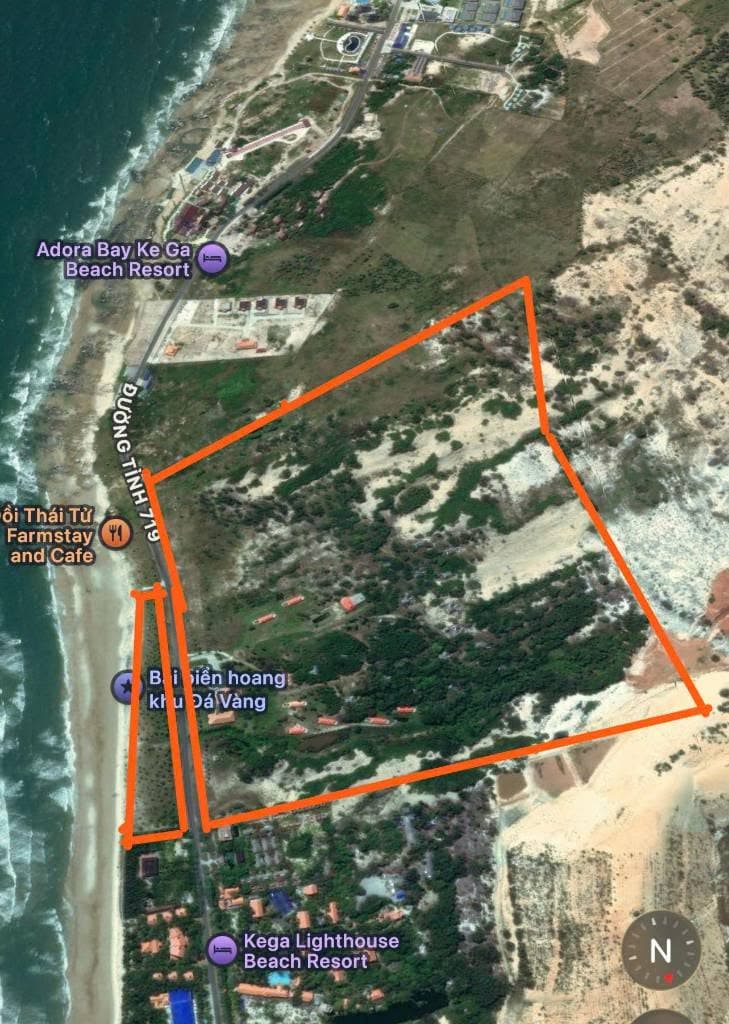 Ranh giới khu đất 19ha trên ảnh vệ tinh, mặt tiền đường ĐT719 ven biển Kê Gà